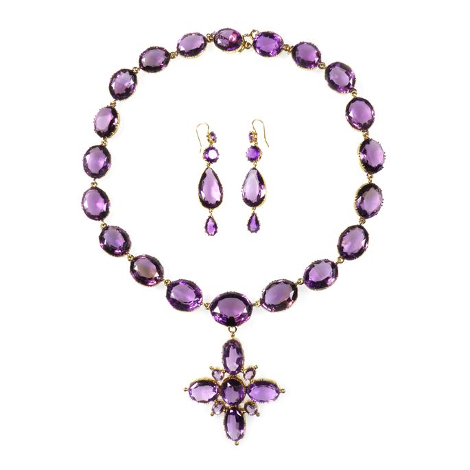 Amethyst collet set necklace, cross pendant and a pair of earrings | MasterArt